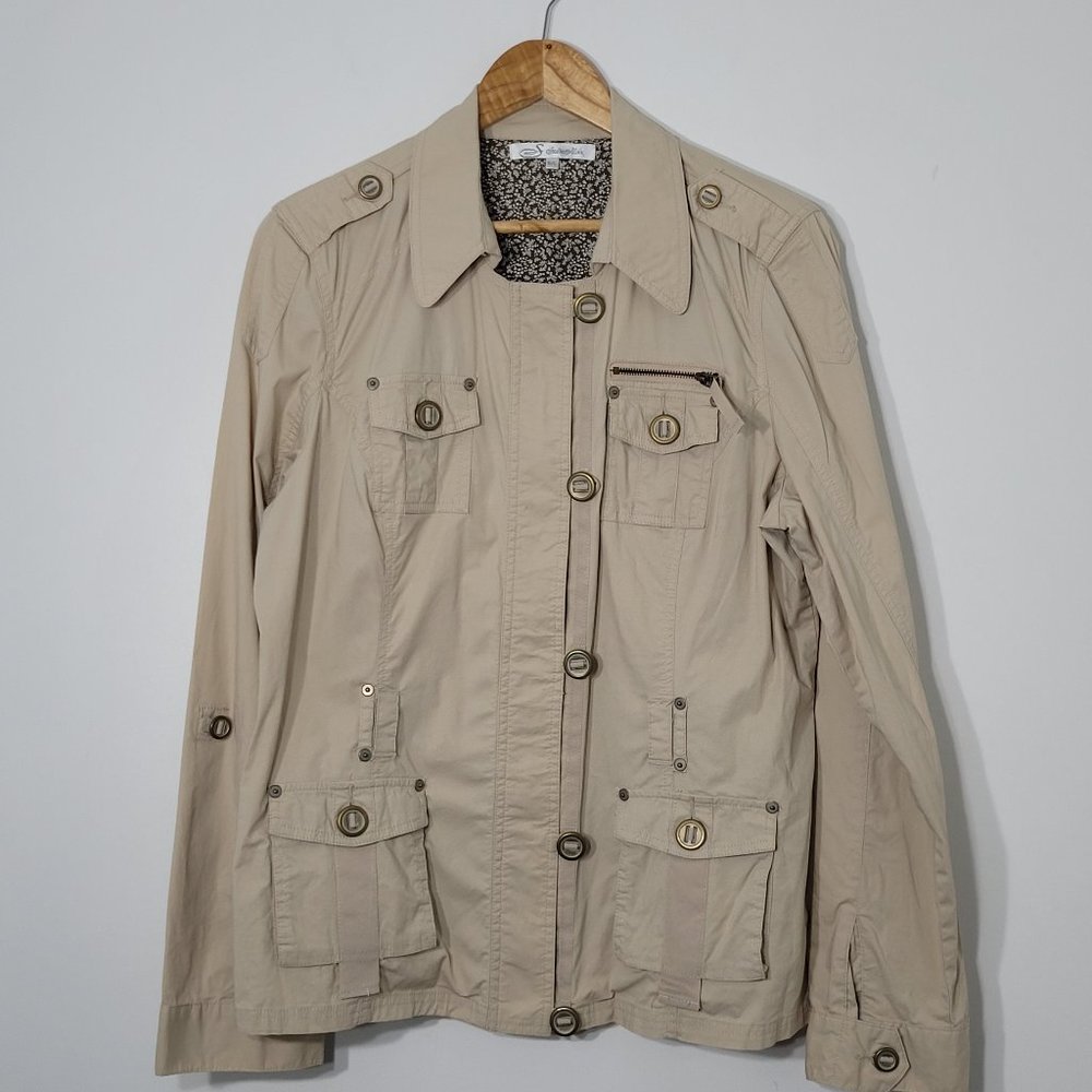 Studio Mode Womens Utility Jacket Pockets Cotton Blend Button Khaki Tan Large